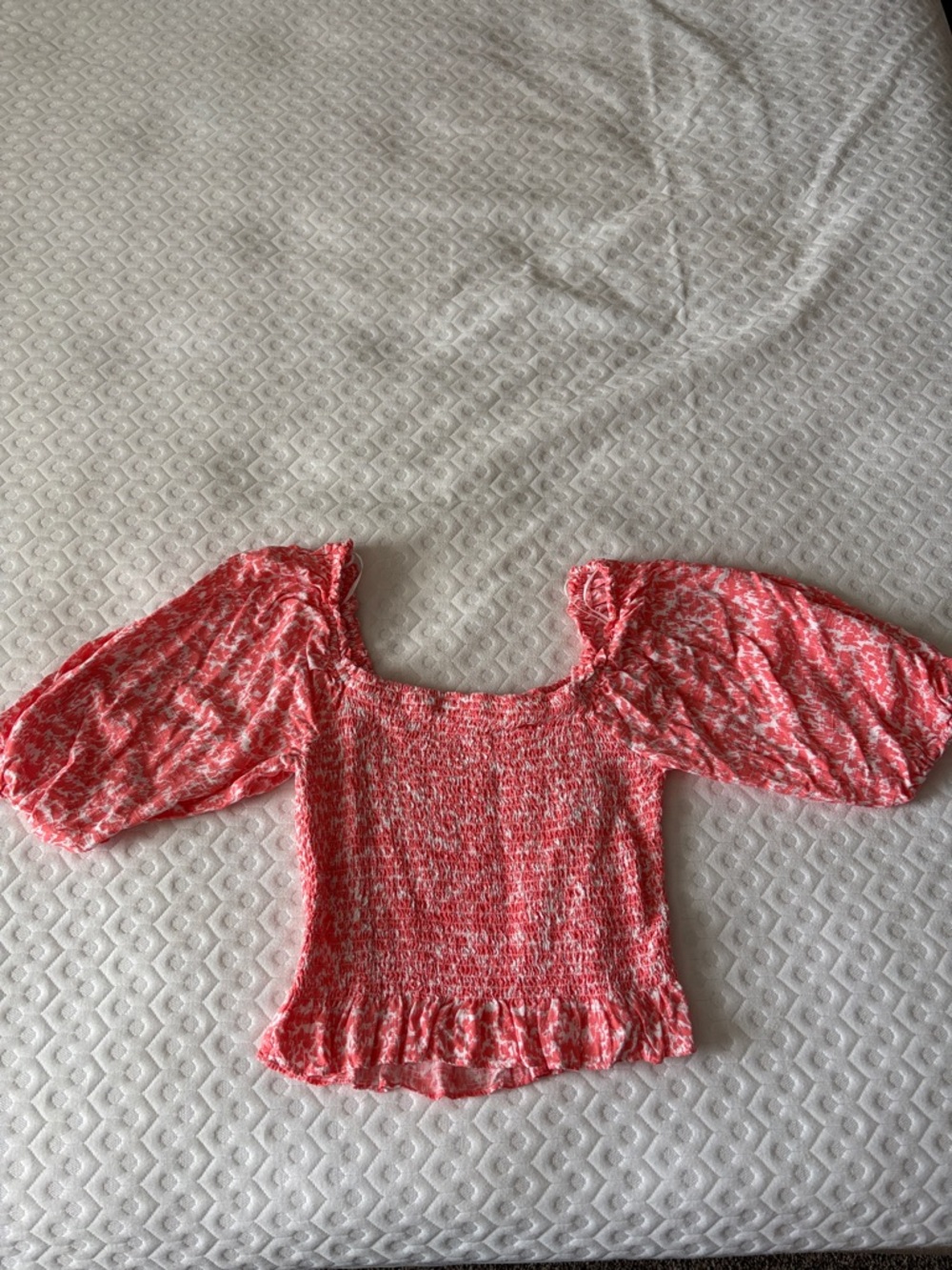 Versona Smocked Square Neck Puff Sleeve Top White Coral Print Size L